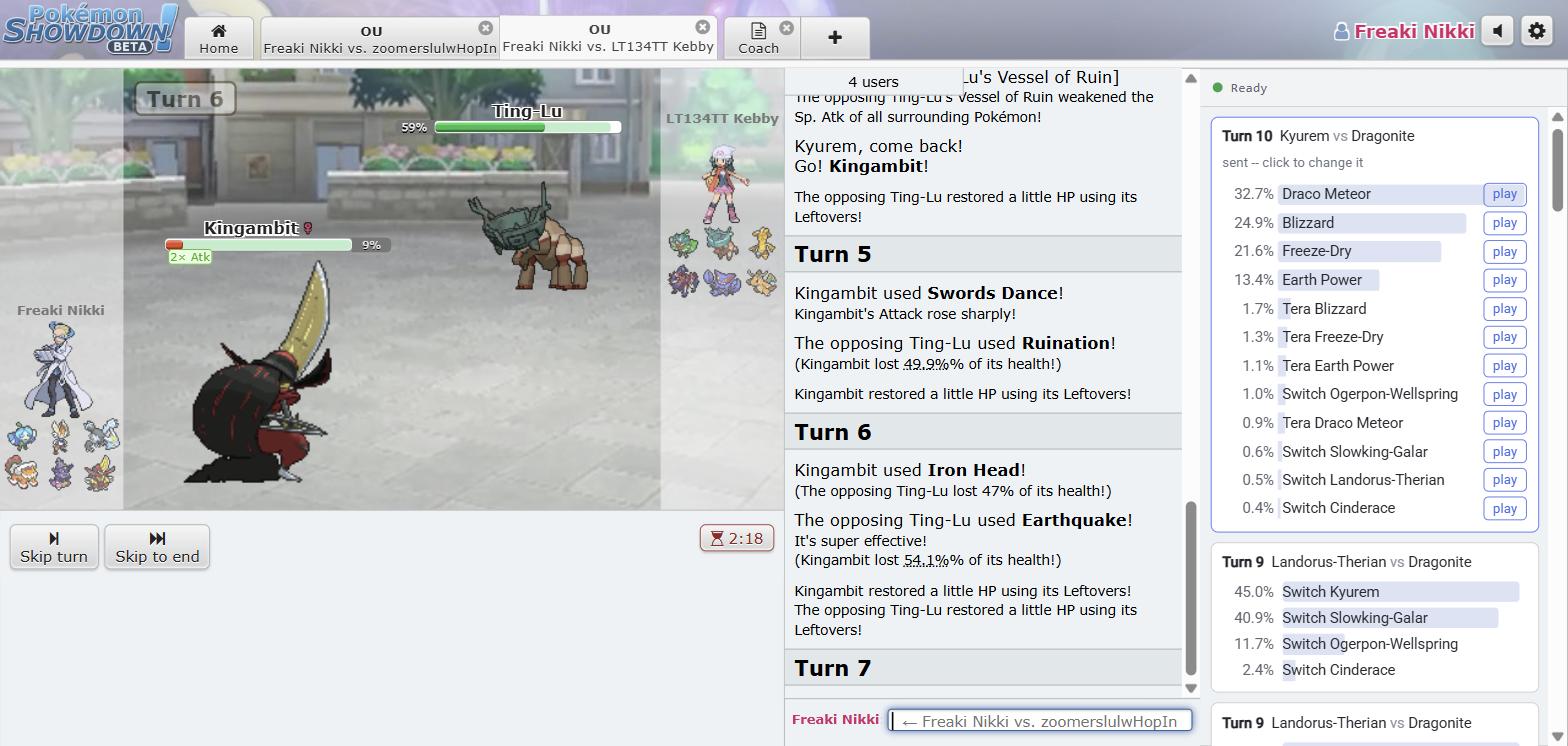 The Coach panel beside a Gen 9 OU battle, ranking every move and switch by weight with a play button on each