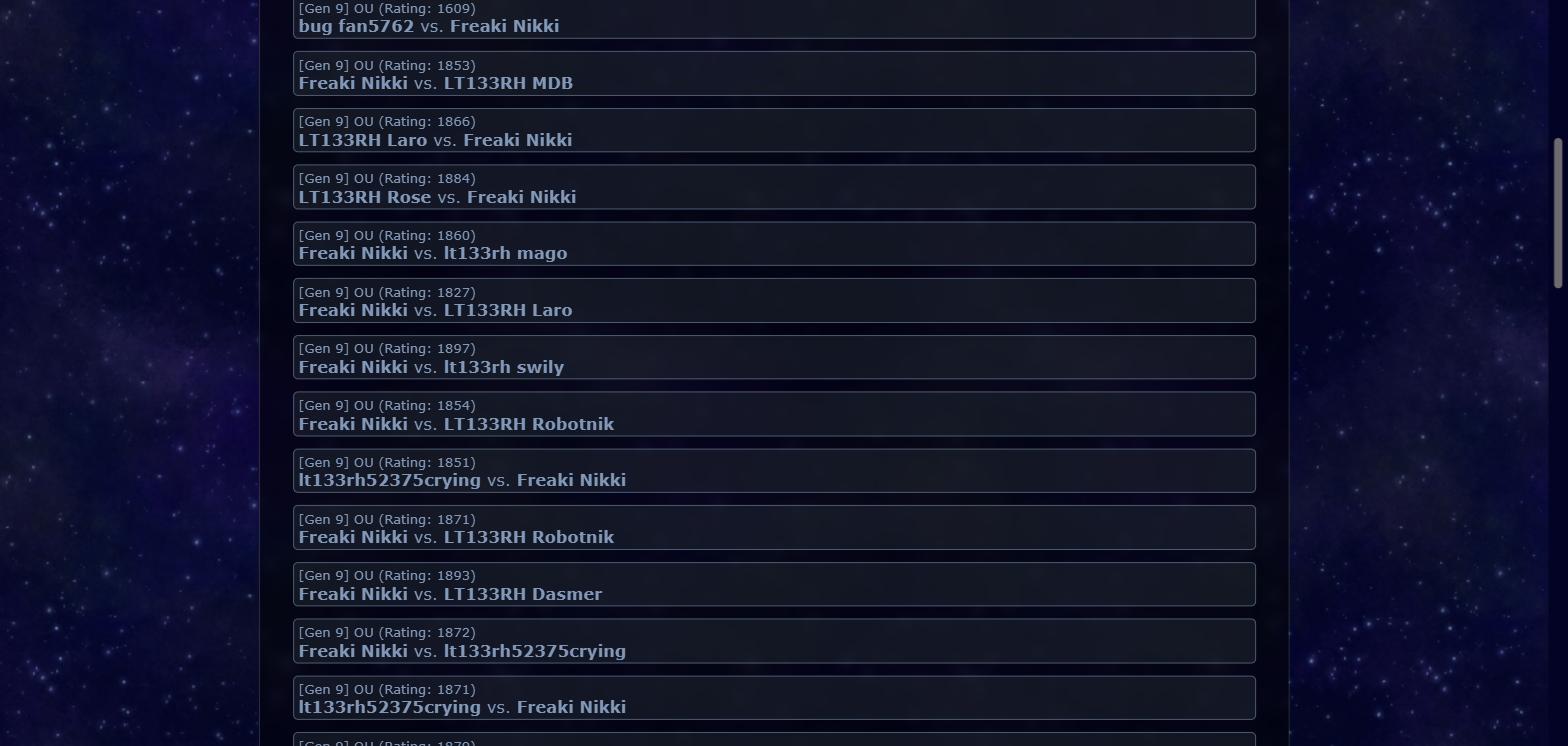 Pokémon Showdown replay list showing consecutive Gen 9 OU games rated 1827 to 1897